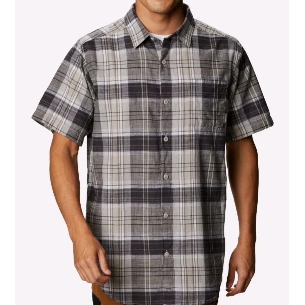 Columbia Shirt Men XXL Tan Black Gray Plaid Short Sleeve Button Down Collared